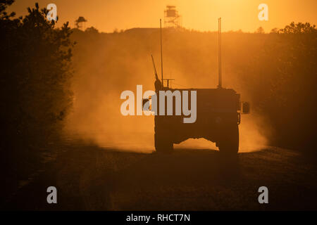 Un Humvee de l'US Air Force entraînée par l'Aviateur de contrôle aérien tactique avec le New Jersey Air National Guard's 227e Escadron d'opérations d'appui aérien sur disques durs Gamme Warren Grove, N.J., le 31 janvier 2019. Le New Jersey aviateurs formés avec A-10C Thunderbolt II avion du Maryland Air National Guard's 104e Escadron de chasse ainsi que les F-16C Fighting Falcon de New Jersey, 119e Escadron de chasse malgré les basses températures en raison d'un vortex polaire. Le vortex polaire est du passage de l'air arctique dans le nord-est des États-Unis. (U.S. Air National Guard photo par le Sgt. Matt Hecht) Banque D'Images