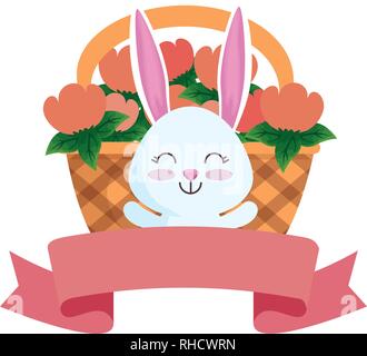 Lapin mignon avec des fleurs dans un panier Illustration de Vecteur