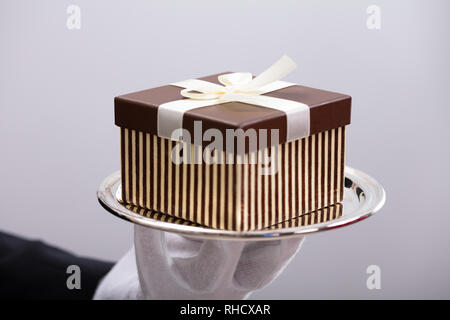 Close-up of Waiter's Hand Holding Empty Silver Tray Against White Background Banque D'Images