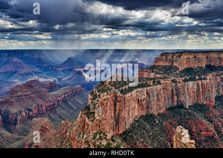 Orage et rayons de soleil sur Grand Canyon, trône Wotans, Cape Royal vue, Arizona, USA Banque D'Images