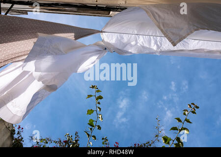 Les feuilles d'un blanc pur en train de sécher dehors par un jour de vent sur une ligne de lavage Banque D'Images