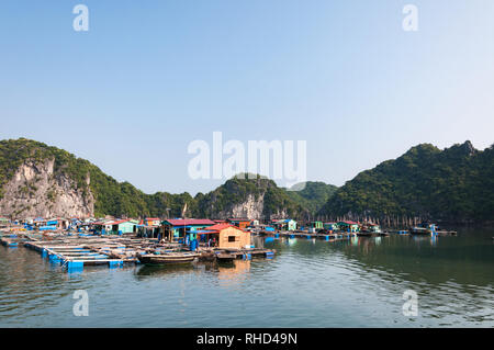 Villages flottants entre les karsts de calcaire ou d'Halong baie d'Ha Long dans la lumière du matin ensoleillé, Vietnam Banque D'Images