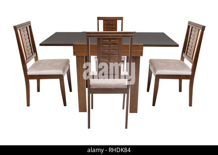 Table et quatre chaises sur fond blanc. Banque D'Images