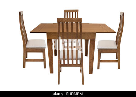 Table et quatre chaises sur fond blanc. Banque D'Images