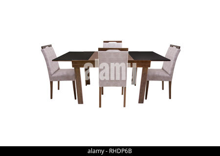 Table et quatre chaises sur fond blanc. Banque D'Images