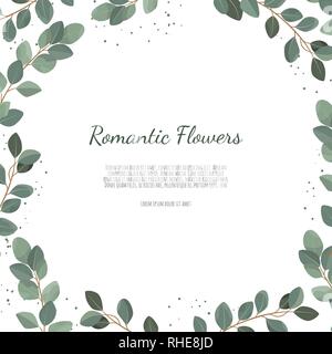 Silver Dollar Eucalyptus feuilles branches vert feuillage, border, cadre. Illustration de Vecteur