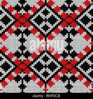 Le tricotage seamless ornament en rouge et noir sur le fond blanc, motif vecteur comme une texture de tissu Illustration de Vecteur