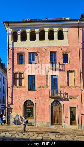 Turin, Italie - le 31 décembre 2018. Façade principale de la Casa del Pingone bâtiment. Turin, Piémont, Italie. Banque D'Images