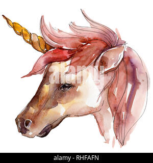 Cute animal cheval licorne corne de caractère. Contexte aquarelle illustration set. Unicorn isolées de l'élément d'illustration. Banque D'Images