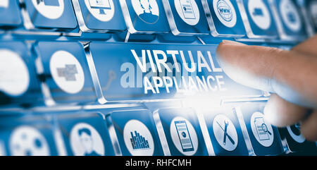 Doigt qui appuie sur un bouton de l'appareil virtuel futuriste. La virtualisation logicielle concept. Image composite entre la photographie et la 3D'arrière-plan. Banque D'Images