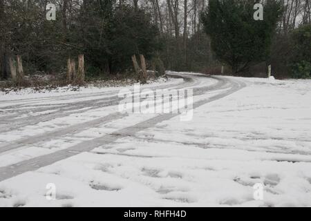 Location de pistes dans la neige sur une sale lane entre les arbres dans un bois. Route de campagne, autour d'un coude, avec des poteaux de bois et des droits de l'empreinte écologique. Banque D'Images