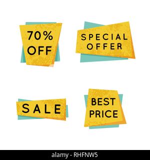 Ensemble d'un jaune vif et vert vente badges rétro isolated on white Illustration de Vecteur