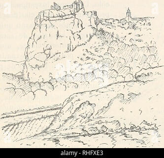 . Boletín de la Sociedad Española de Historia Natural. L'histoire naturelle. DE HISTORIA NATURAL. 375 pudieran suponerse feldespatos antig-uos. Provisionalmente puede calificarse esta roca como una limbourg-ita. El Cerro en que se asienta el Castillo es una elevada mole, cortada á pico sobre el Gabriel en casi todo su contorno, solo y unida al mioceno en que se asienta el pueblo por el NO (fig*. 5.^). Fig-. 5." Le Cerro del Castillo, desde el ainsi. (De una fotografía ) Está formado desde su cumbre hasta la base, por tobas volcá- nicas variadas. Aún en el mismo lecho del Río de las aguas de sobresale est Banque D'Images