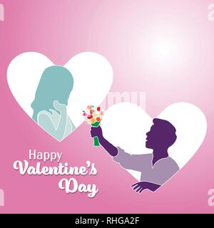 Les amoureux Couple Silhouette donnant des fleurs en coeur signe, couple heureux, l'amour, les personnages de dessins animés, télévision date romantique, Vector Illustration Illustration de Vecteur