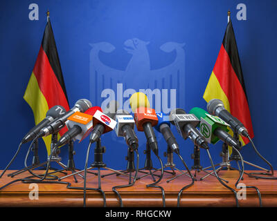 Conférence de presse ou d'information du premier ministre ministre de l'Allemagne, concept. Podium orateur tribune avec l'Allemagne Drapeaux et armoiries armoiries. 3d illustration Banque D'Images