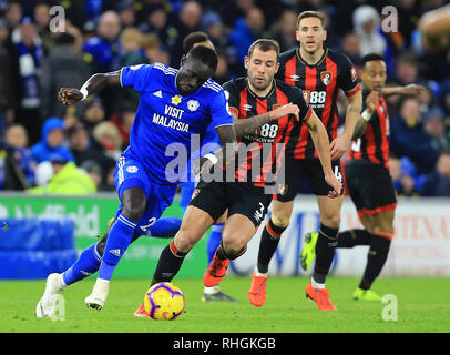 La ville de Cardiff Oumar Niasse (à gauche) en action au cours de la Premier League match au Cardiff City Stadium. Banque D'Images