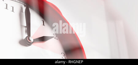 Fin de l'heure d'horloge d'alarme rouge close up sur fond blanc, bannière, copiez l'espace. 3d illustration Banque D'Images