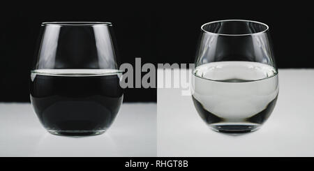 Concept photo d'un verre à moitié rempli d'eau. La comparaison de deux points de vue - de voir à la fois bon et mauvais dans le même objet ou situation. Sous la direction de Banque D'Images