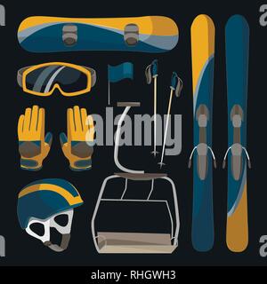 Les équipements de ski vector icons. Set skis et bâtons de ski. L'équipement d'hiver vacances en famille d'icônes, de l'activité ou de services et le matériel de ski. Sport d'hiver mont Illustration de Vecteur