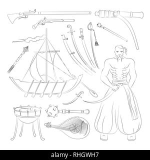 Vector set de cosaques d'objets, d'icônes et d'éléments de conception dans le style plat. Homme cosaque, armes, bateaux, tambour. Illustration de Vecteur