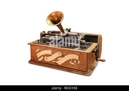 Gramophone Edison sur fond blanc Banque D'Images