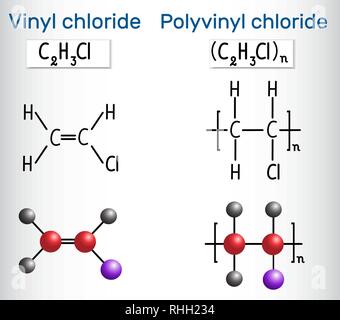 Le chlorure de polyvinyle (PVC) et le chlorure de vinyle monomère molécule. Formule chimique structurale et molécule modèle. Vector illustration Illustration de Vecteur