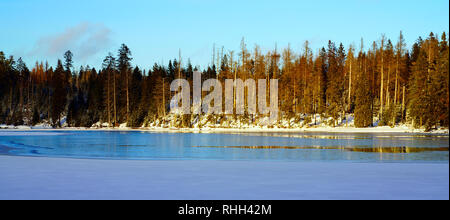 L'hiver dans les montagnes du Harz. Lac gelé Oderteich, Parc National de Harz, Basse-Saxe, Allemagne. Banque D'Images