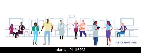 Hommes Femmes médecins de discuter avec les patients hôpital clinique hall avec sièges et l'intérieur du corridor du croquis de la santé consultation médicale Illustration de Vecteur