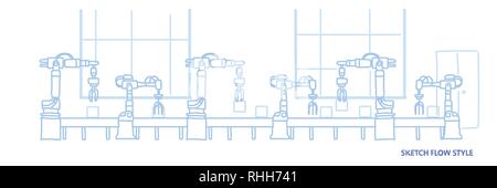 La production de l'usine d'assemblage automatique convoyeur industriel industrie machines d'automatisation de flux horizontal style croquis concept Illustration de Vecteur