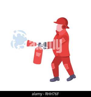 Fireman holding extincteur portant uniforme rouge et le casque de pompier homme travailleur professionnel masculin occupation personnage télévision pleine longueur Illustration de Vecteur