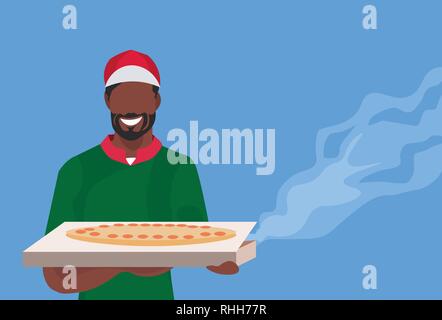 Cuisinier chef holding mâle fort avec hot pizza traditionnelle african american man in uniform food cooking cuisine restaurant concept portrait travailleur télévision Illustration de Vecteur