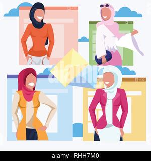 Définir les femmes arabes enveloppe lettre communication concept arabe happy girls wearing hijab femme musulmane de personnages de dessins animés télévision portrait Illustration de Vecteur