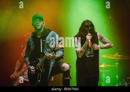 Suisse, Berne - 1 février 2019. Le groupe de rock américain Sleeping With Sirens effectue un concert live au Komplex 457 à Zürich. Chanteur Kellin Quinn est ici vu sur scène. (Photo crédit : Gonzales Photo - Tilman Jentzsch). Banque D'Images