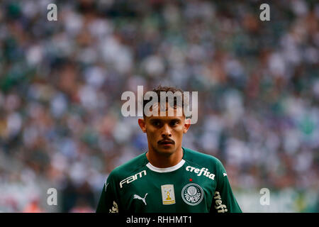 São Paulo, Brésil. 2 février 2019. PALMEIRAS X CORINTHIENS - Gustavo Scarpa n'Palmeiras lors d'un match entre Palmeiras et Corinthiens, valable pour le 5e tour du championnat Paulista 2019, tenue à Allianz Park, zone ouest de São Paulo, SP. (Photo : Marco Galvão/Fotoarena) Crédit : Foto Arena LTDA/Alamy Live News Banque D'Images