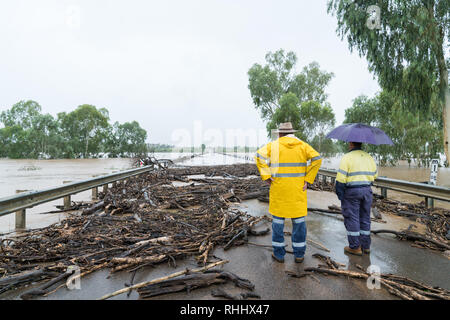 Burdekin, Macrossan, Nord du Queensland, Australie - Février 3, 2019. Attendre que les travailleurs de l'eau inondation à reculer avant de pouvoir dégager la voie pour laisser circuler. Pont de Burdekin, Macrossan, Nord du Queensland. Banque D'Images