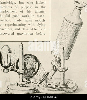 . La biologie et ses décideurs. Biologie -- Histoire. INTRODUCTION DU MICROSCOPE 55 observation scopiques n'a pas produit ses grands résultats jusqu'à tin- xixe siècle, juste après les lentilles de grossissement a été grandement améliorée. Robert Hooke (1635-1703), de Londres, a publié en 1665 un livre d'observations au microscope droit Micro- graphia, qui était orné de quatre-vingt-trois assiettes de chiffres. Hooke était un homme d'une belle dotation mentale, qui avait reçu une bonne formation scientifique à l'Université de Cambridge, mais qui n'ont pas de but dans la fixité de l'emploi de ses talents. Il n'goo Banque D'Images