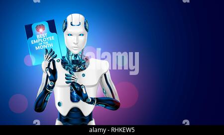 Meilleur Robot employé du mois prend le travail d'un homme. Cyborg travailleur ayant en main une récompense pour son travail. Le chômage. L'automatisation industrielle Illustration de Vecteur