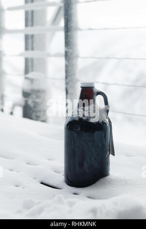 Grande bouteille de bière artisanale en gardant le froid dans la neige à l'extérieur Banque D'Images