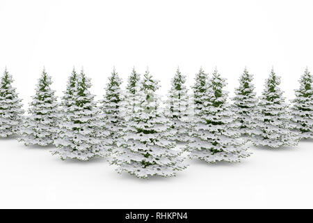 Rangée d'arbres de Noël avec de la neige isolé sur fond blanc Banque D'Images