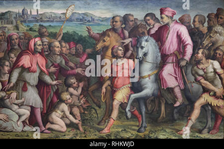 Cosimo de' Medici et son entourage retour d'exil accueil en triomphe par la ville à l'extérieur de la Porte San Gallo en 1434. La peinture du plafond par les peintres maniéristes italiens Giorgio Vasari et Marco Marchetti da Faenza (1556-1558) dans la chambre de Cosme l'ancien (Sala di Cosimo il Vecchio) dans les appartements du pape Léon X (Quartiere di Leone X) dans le Palazzo Vecchio à Florence, Toscane, Italie. Banque D'Images
