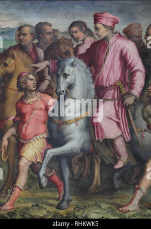 Cosimo de' Medici et son entourage retour d'exil accueil en triomphe par la ville à l'extérieur de la Porte San Gallo en 1434. La peinture du plafond par les peintres maniéristes italiens Giorgio Vasari et Marco Marchetti da Faenza (1556-1558) dans la chambre de Cosme l'ancien (Sala di Cosimo il Vecchio) dans les appartements du pape Léon X (Quartiere di Leone X) dans le Palazzo Vecchio à Florence, Toscane, Italie. Banque D'Images