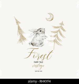 Vector hiver noir et blanc carte vintage avec mignon hare et ma Illustration de Vecteur