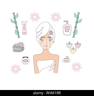 Belle femme d'un soin spa. Soins de beauté et de bien-être icons set Illustration de Vecteur