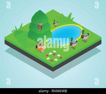 Concept de l'étang, bannière style isométrique Illustration de Vecteur