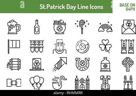 St.Patricks Day icon set. L'icône Contour sur base de 64 pixels avec pixel design parfait. Vector illustration Illustration de Vecteur