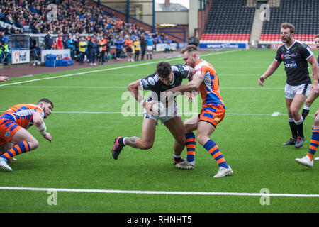 Anthony Gelling marque son premier essai de l'après-midi. Widnes Vikings vs Halifax RLFC 3 Février 2019 Banque D'Images