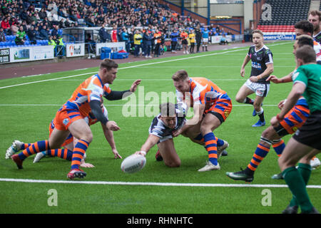 Anthony Gelling marque son premier essai de l'après-midi. Widnes Vikings vs Halifax RLFC 3 Février 2019 Banque D'Images