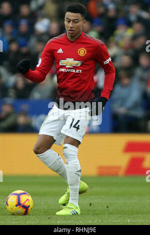 Leicester, Royaume-Uni. 06Th Feb 2019. Jesse Lingard de Manchester United en action. Premier match d'EPL, Leicester City v Manchester United à la King Power Stadium à Leicester le dimanche 3 février 2019. Cette image ne peut être utilisé qu'à des fins rédactionnelles. Usage éditorial uniquement, licence requise pour un usage commercial. Aucune utilisation de pari, de jeux ou d'un seul club/ligue/dvd publications pic par Steffan Bowen/Andrew Orchard la photographie de sport/Alamy live news Crédit : Andrew Orchard la photographie de sport/Alamy Live News Banque D'Images