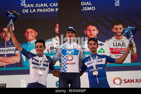 L'Argentine. 06Th Feb 2019. MENDOZA, ARGENTINE - 03 février : Winner Anacona a remporté le 37e Tour de San Juan 2019, Julian Alaphilippe deuxième place et Oscar Sevilla troisième lieu le 03 février 2019, à San Juan, Argentine. Crédit : Alexis Lloret/Alamy Live News Banque D'Images