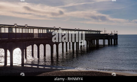 Boscombe, Dorset, UK. 3 février 2019. Météo France : lumineux et ensoleillé du matin d'hiver à la plage de Boscombe. La célèbre jetée est découpé sur le brillant soleil du matin à la station côtière de Boscombe. Credit : DWRAlamy Live News Banque D'Images